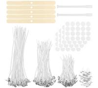 Lot de 200 mèches de bougie - 5 cm, 10 cm, 15 cm, 20 cm - Naturelles - Avec support de mèche en bois et autocollants à mèche double face - Pour la fabrication de bougies - Avec support en bois