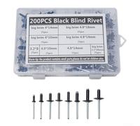 Lot de 200 rivets aveugles assortis en alliage d'aluminium noir - Standard et grande bride, 3,2 à 4,8 mm de diamètre x 8 à 18 mm de longueur, pour industriel, automobile