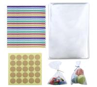 Lot de 200 sachets en cellophane transparent - 10 x 15 cm - Petits sacs pour bonbons - Avec 200 attaches torsadées - Sacs cadeaux - Avec 8 autocollants de fermeture en papier kraft