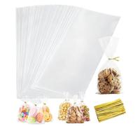 Lot de 200 sachets transparents en cellophane - 25 x 12 cm - Pour biscuits, bonbons, petits sacs en cellophane pour mariage, anniversaire, Pâques, Noël, fête, avec 200 attaches métalliques dorées
