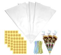 Lot de 200 sacs à dragées avec poignées torsadées et autocollants, 25 x 13 cm pour pop-corn, chocolat, bonbons, biscuits, sacs en Cellophane pour Noël, mariage, Pâques