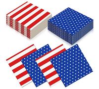 Lot de 200 serviettes en papier jetables du quatrième juillet avec drapeau américain patriotique, étoiles et bandes, serviettes jetables pour cocktail rouge, blanc et bleu pour l'élection du jour de l'indépendance, fête
