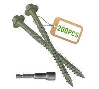 [Lot de 200] Vis à bois #14 x 4 à tête hexagonale robuste avec revêtement vert, pour bois, bûches, aménagement paysager, résistant à la rouille, douille hexagonale incluse