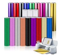 Lot de 21 autocollants permanents en vinyle intelligent pour Cricut Explore 3/Maker 3, 9 effet miroir métallique et 9 paillettes holographiques en vinyle avec 3 films de transfert autocollants et
