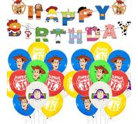Lot de 21 ballons en latex inspirés de l'histoire des jouets - Décorations de fête avec bannière « Happy Birthday » - Fournitures de fête pour enfants garçons et filles