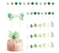 Lot de 21 décorations de gâteau en feuilles vertes, 20 boules de gâteau, 1 bannière d'anniversaire, kit de décoration de gâteau d'anniversaire, inserts de décoration de cupcake, accessoires de