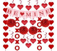 Lot de 21 décorations de Saint-Valentin : bannière pré-assemblée « Be Mine » + tourbillons de cœur + guirlandes XO et pompons en papier pour la maison, la salle de classe, le bureau et les décorations