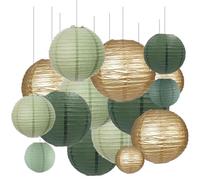 Lot de 21 lampions en papier - Décoration - Lampe chinoise en papier - Vert sauge - Rondes - Décoration pour jardin, fête, anniversaire, mariage (diamètre 15 cm, 20 cm, 25 cm, 30 cm)