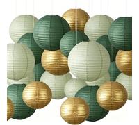 Lot de 21 lanternes décoratives en Papier Vert Sauge et Or, 10cm，15cm，20cm，25cm Lanternes décoratives Rondes en Papier Vert à Suspendre pour fête prénatale, fête prénatale, fiançailles, Anniversaire