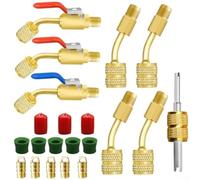 Lot de 21 mini adaptateurs fendus pour systèmes CVC Construction en laiton avec robinets à boisseau sphérique Angle 45 degrés R410A Connecteurs Valve Core Remover Goupilles d'éjecteur Joints Bouchon