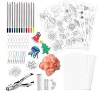 Lot de 213 Feuille de Plastique Thermorétractable, Kit de Plastique Fou, Compris 15 Films Rétractables, 185 Accessoires pour Porte-clés, 12 Crayons de Couleur et un Perforateur, pour Bricolage Créatif