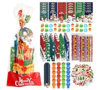 Lot de 218 articles de papeterie de Noël pour fête de Noël pour bas de Noël, carnet, crayon, règle, gomme, autocollant, tampons, sacs à friandises, pour échanges, jeux scolaires, récompenses