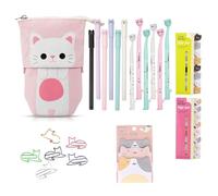 Lot de 22 articles de papeterie en forme de chat mignon - 1 pochette télescopique en toile - 12 stylos à bille à encre gel avec recharge de 0,5 mm - 320 pages de notes, drapeaux d'index, 5 trombones
