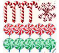 Lot de 22 ballons ronds en forme de canne à sucre d'orge de Noël en mylar pour le Nouvel An, bonbons et décorations de fête d'anniversaire sur le thème des pays sucrés - Rouge/vert