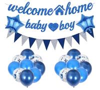 Lot de 22 bannières « Welcome Home » pour bébé garçon - Décorations de bienvenue bleues à paillettes - Ballons en latex pour fête prénatale, révélation du sexe, nouveau-né et anniversaire