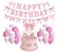 Lot de 22 décorations d'anniversaire avec nœud rose « Happy Birthday » avec décoration de gâteau et 18 ballons - Décorations de fête pour femme et fille