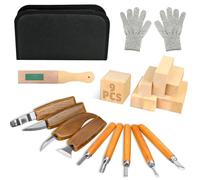 Lot de 23 outils de travail du bois pour adultes débutants avec 9 blocs de tilleul, 9 outils de blanchiment, gants, sac de rangement en polyuréthane
