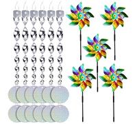 Lot de 23 répulsifs anti-pigeons, 5 moulins à vent + 6 porte-vent + 12 disques réfléchissants répulsifs, effaroucheurs d'oiseaux dissuasif pour le jardin (combinaison de couleurs)