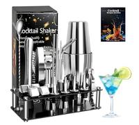 Lot de 23 shakers à cocktail de qualité supérieure avec shaker Boston en acier inoxydable de 750 ml, kit de fabrication de cocktails avec support en acrylique, pilon, doseur doseur, passoire, cuillère