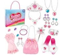 Lot de 24 accessoires de déguisement de princesse pour fille avec diadème, baguette magique, bijoux, gants, pantoufles, sac à main, rêve, pour 3 ans et