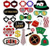 Lot de 24 accessoires de photomaton de casino avec bâton, kit d'accessoires amusants pour selfie sur le thème du poker de Las Vegas pour soirée d'anniversaire