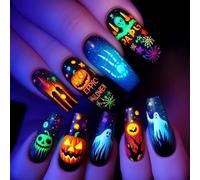 Lot de 24 autocollants amovibles en ABS pour ongles édition Halloween avec illustration extraterrestre imprévisible et motifs Web pour fête d'Halloween