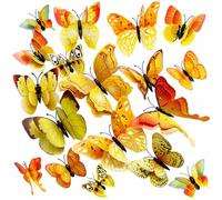 Lot de 24 autocollants muraux 3D en forme de papillon avec aimants et gomme, amovibles et réutilisables (jaune)