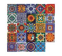 Lot de 24 autocollants muraux carrés de style mosaïque marocaine à coller et à coller sur le mur - Autocollants muraux vintage pour carrelage de cuisine (10 x 10 cm)