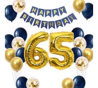 Lot de 24 ballons décoratifs pour 65e anniversaire pour hommes et femmes, bleu marine, doré, 65 grands ballons à confettis en aluminium pour mère, papa, 65 ans