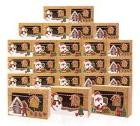 Lot de 24 boîtes à biscuits de Noël avec fenêtre en PVC, papier kraft, boîtes cadeaux, boîtes à chocolat, boîtes à biscuits DIY avec étiquettes cadeaux pour les vacances, 3 styles, 22 x 15 x 7 cm