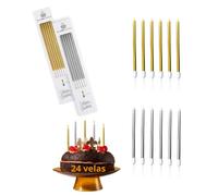 Lot de 24 bougies d'anniversaire originales en or métallisé et 12 pièces argentées pour gâteau cupcakes avec support