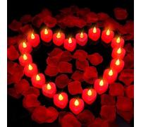 Lot de 24 bougies LED cœur et 1000 roses artificielles - Bougies chauffe-plat LED romantiques Nuit romantique, Saint-Valentin, anniversaire, mariage, décoration de table