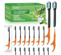 Lot de 24 brosses à dents jetables avec dentifrice + médiator + fil dentaire + gratte-langue 5 en 2 mini brosses à dents de voyage précollées pour hôtel, camping, avion, voiture, usage unique
