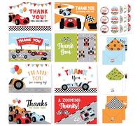 Lot de 24 cartes de remerciement avec enveloppes et autocollants - 8 motifs vierges à l'intérieur, carte de remerciement voiture de course de 15,2 x 10,2 cm, cartes de remerciement pour voiture,
