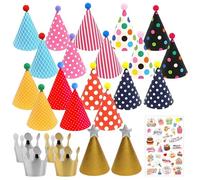 Lot de 24 chapeaux d'anniversaire pour enfants, chapeaux de fête en papier triangulaires avec pompons, ensemble de couronnes avec autocollants « Happy Birthday », chapeaux de cône, chapeaux de
