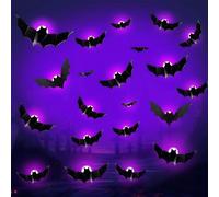 Lot de 24 chauve-souris décoratives 3D à LED violettes D-eko - Décoration d'Halloween - Décoration d'Halloween - Chauve-souris - Décoration 3D - Avec LED - Autocollants muraux - Kit de décoration pour