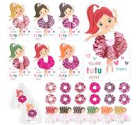 Lot de 24 chouchous pour la Saint-Valentin comprenant 24 chouchous à cheveux, 24 cartes sur le thème de la Saint-Valentin, 24 rubans en organza, cadeau pour danseuse de ballerine (rose)