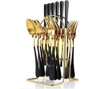 Lot de 24 couverts plats en acier inoxydable avec porte-couverts en argent, cuillères, fourchettes et couteaux, service de vaisselle pour 6, or miroir poli et vernis rose mat (or noir)