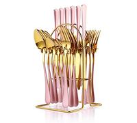 Lot de 24 couverts plats en acier inoxydable avec porte-couverts en argent, cuillères, fourchettes et couteaux, service de vaisselle pour 6, or miroir poli et vernis rose mat (or rose)