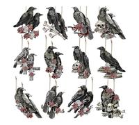 Lot de 24 décorations de corbeau en forme de corbeau noir avec corde pour Halloween