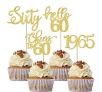 Lot de 24 décorations de cupcake 60 ans - Paillettes Sixty depuis 1965 - Prost sur 60 pics à cupcakes - Bonjour 60 ans - Décorations de gâteau d'anniversaire pour 60 ans - Or