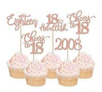 Lot de 24 décorations de cupcake à paillettes pour 18e anniversaire depuis 2008 Adultes 18 pics à cupcakes Bonjour 18 ans Décorations de gâteau d'anniversaire pour joyeux 18e anniversaire fête or rose