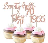 Lot de 24 décorations de cupcake d'anniversaire à paillettes depuis 1954 - 70 pics à cupcakes - Bonjour 70 ans - Décoration de gâteau d'anniversaire pour 70 ans - Or rose