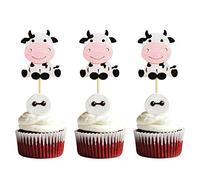 Lot de 24 décorations de cupcake en forme de vache - Joyeux anniversaire - Pour fête prénatale, vache, ferme, animaux - Thème zoo - Pour enfants, garçons et filles