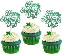 Lot de 24 décorations de cupcake Happy St Patrick - Vert à paillettes - Quatre feuilles - Décoration de gâteau - Drapeau irlandais - Thème de la Saint-Patrick - Pour anniversaire d'enfant - Vert