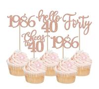 Lot de 24 décorations de cupcake pour 40 ans - Paillettes Forty depuis 1985 - Prost sur 40 pics à cupcakes - Bonjour 40 ans - Décorations de gâteau d'anniversaire pour 40 ans - Or rose