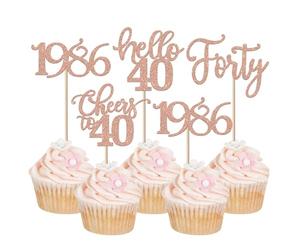Lot de 24 décorations de cupcake pour 40 ans - Paillettes Forty depuis 1985 - Prost sur 40 pics à cupcakes - Bonjour 40 ans - Décorations de gâteau d'anniversaire pour 40 ans - Or rose
