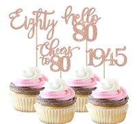 Lot de 24 décorations de cupcake pour 80 ans - Paillettes Eighty depuis 1944 - 80 pics à cupcakes - Bonjour - 80 ans - Décoration de gâteau d'anniversaire pour 80 ans - Or rose