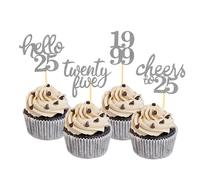 Lot de 24 décorations de cupcakes à paillettes pour 25e anniversaire - Décoration de gâteau « Hello 25e anniversaire » - Pour célébrer une fête d'anniversaire de vingt-cinq ans (argenté)