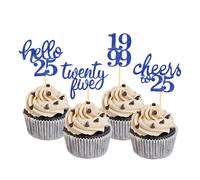 Lot de 24 décorations de cupcakes à paillettes pour 25e anniversaire - Décorations de gâteau « Hello 25e anniversaire » pour célébrer une fête d'anniversaire de vingt-cinq ans (bleu)